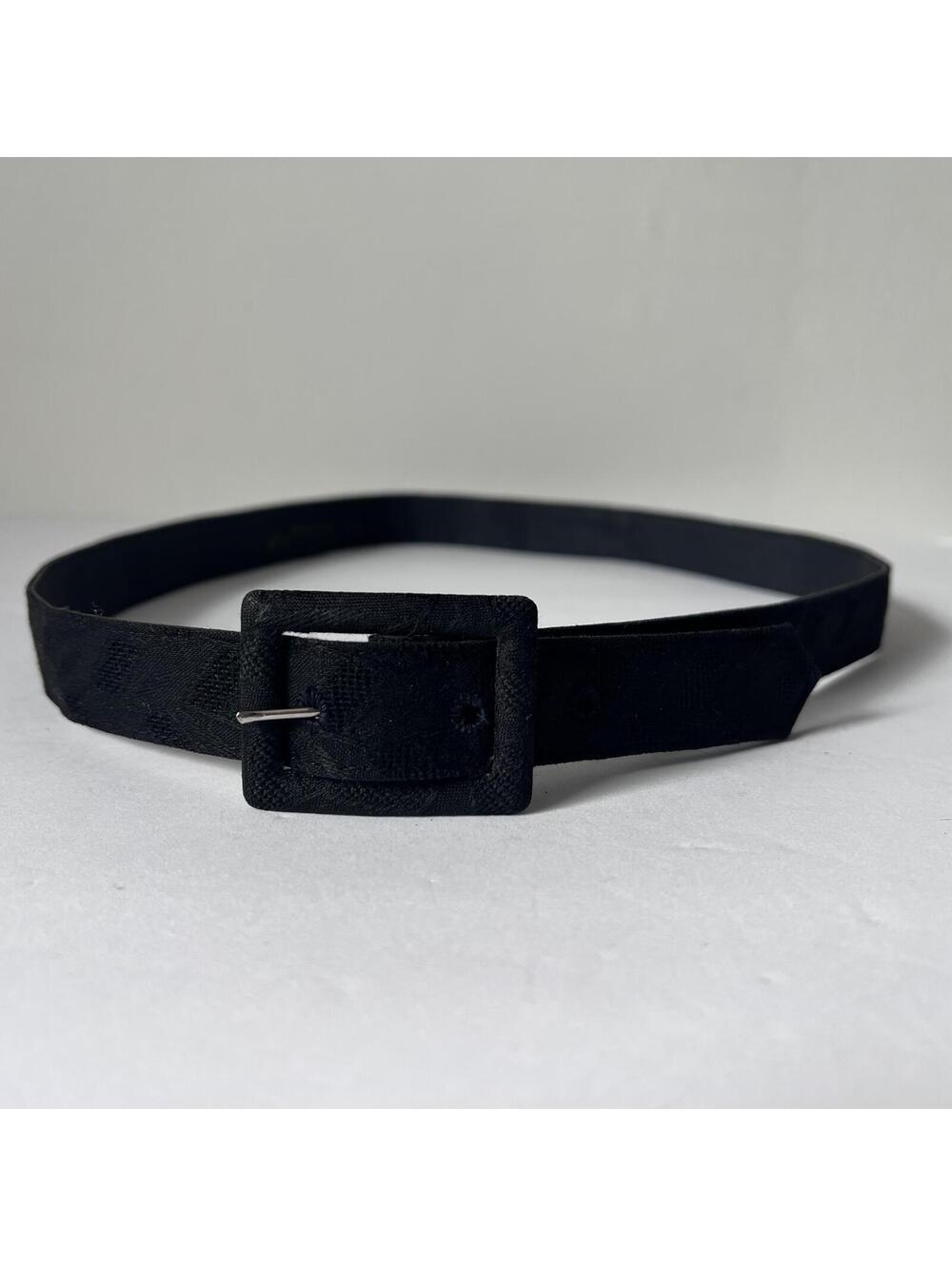 Women’s Vintage Black Floral Fabric Belt 1” Square Buckle 90s Y2K
